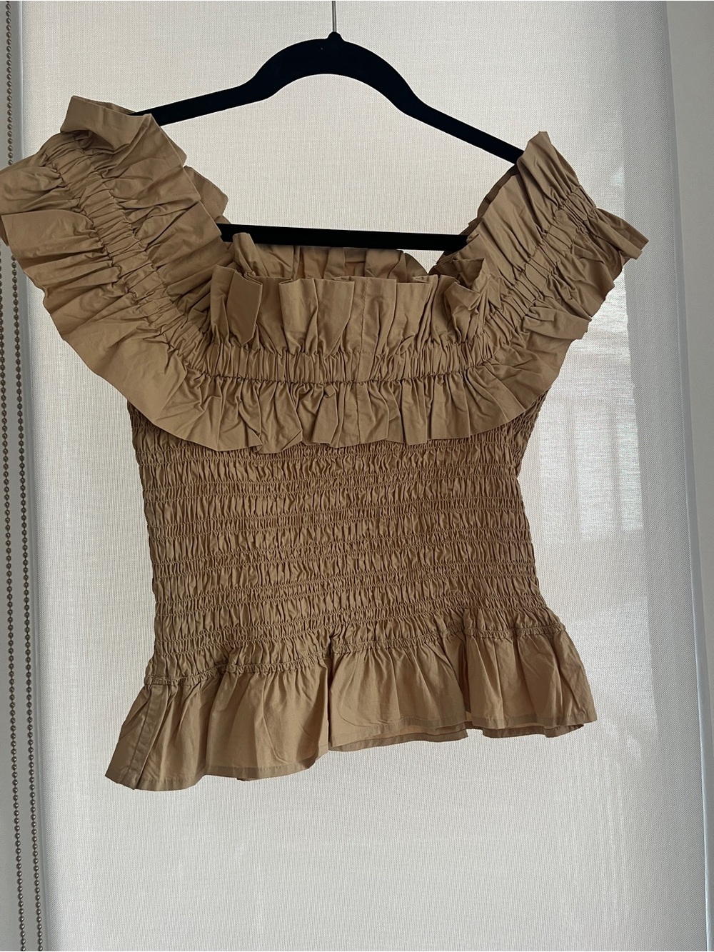 Ganni Smocked Off-Shoulder Ruffle Top
